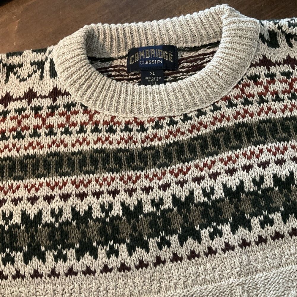 Vintage Cambridge Classics Sweater Mens XL Beige Fair Isle Chunky-Knit Pullover